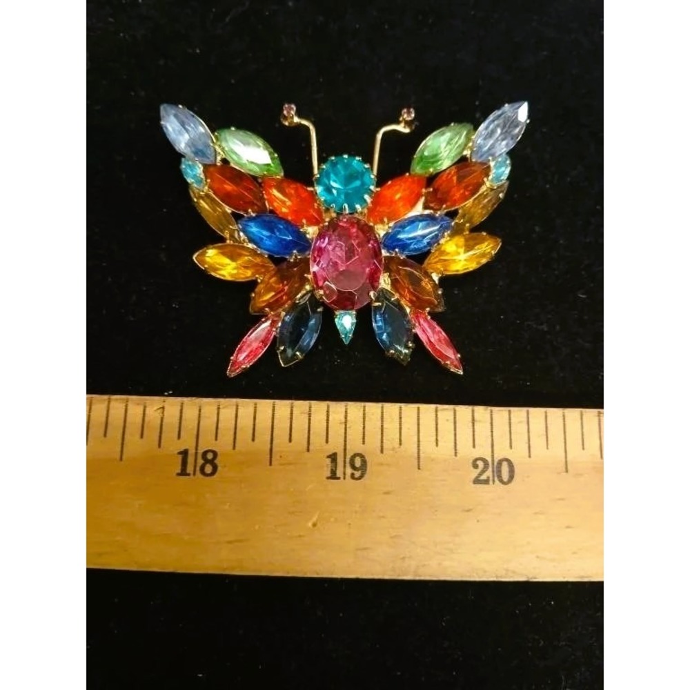 Sparkling Butterfly Brooch Rhinestone Gemstones Colorful Crystal Vintage Pin 3"